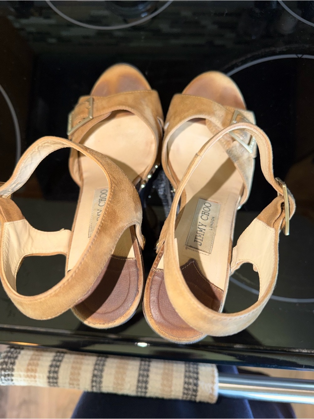 Jimmy Choo Tan Suede Buckle Platform Wooden Sandals - Picture 4 of 6
